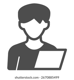 Man and test sheet paper solid icon, family therapy concept. Vector graphics. Young man and notebook, profile sign on white background, glyph style icon for mobile or web design