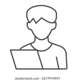 Homem e papel folha de teste ícone de linha fina, conceito de terapia familiar. Gráficos vetoriais. Jovem e notebook, sinal de perfil no fundo branco, ícone de estilo de contorno para design móvel ou web