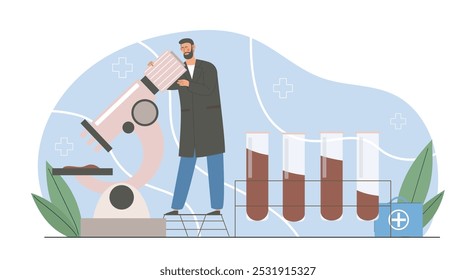 Man with test tubes. Young guy with microscope near test tubes with reagents. Chemical research of substance in laboratory. Science experiment. Flat vector illustration isolated on white background