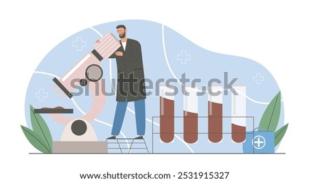 Man with test tubes. Young guy with microscope near test tubes with reagents. Chemical research of substance in laboratory. Science experiment. Flat vector illustration isolated on white background