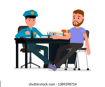 A man testifies to the police. Vector illustration, flat style drawing. Isolated on a white background. Vector stock illustration.
