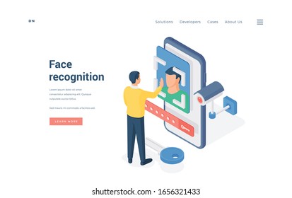 Man testing face recognition app. Isometric male using protective face recognition application on modern smartphone near surveillance camera and key on advertisement website banner