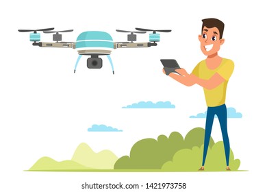 Man testing helicopter vector cartoon character. Remote unmanned aerial vehicle with camera. Male holding radio controller. Modern entertainment
