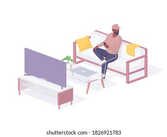 Man testing new smart TV isometric illustration. Male character on sofa with remote control tests capabilities of new technological device. Comfortable leisure with pleasant time vector realistic.