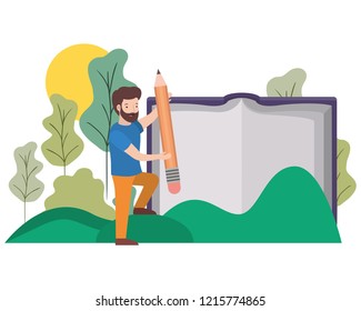 man with text book and pencil in landscape
