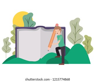 man with text book and pencil in landscape