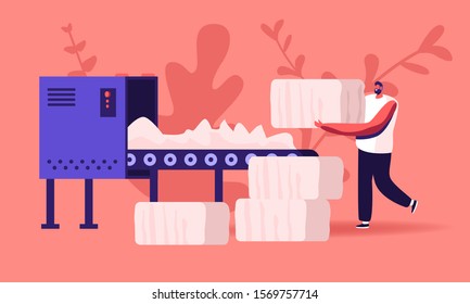 Man Textile Factory Worker Put Raw Cotton Material on Conveyor Belt for Pressing and Making Bales in Blow Room of Carding Department in Sewing Plant. Fiber Industry Cartoon Flat Vector Illustration