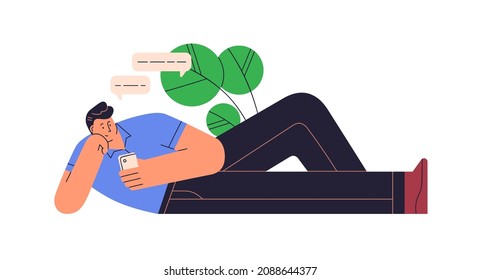 Hombre enviando mensajes de texto, usando teléfono móvil. Persona relajándose y charlando en una aplicación de mensajería en un smartphone por placer. Concepto de comunicación en línea. Ilustración vectorial plana aislada en fondo blanco