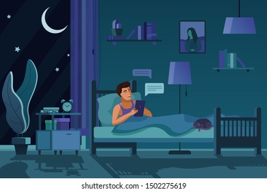 Man texting at night flat vector illustration. Guy in bed, sending messages, chatting online drawing. Evening room interior design. Smiling male cartoon character using tablet, cat sleeping