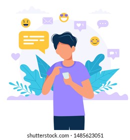 Man texting with a smartphone, social media icons. Concept vector illustration in flat style