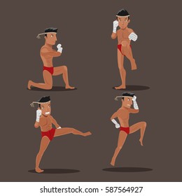 Man Thai Boxing Character Action Set Vector
