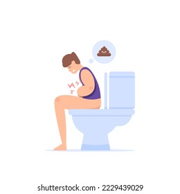un hombre que siente dolor cuando quiere defecar. dificultades intestinales, estreñimiento, estómago, síntomas de úlcera, diarrea, síndrome intestinal irritable e infecciones intestinales. siéntese en el baño.