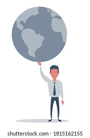 un hombre que tiene en sus manos a todo el mundo. Ilustración vectorial de stock para afiche, tarjeta de saludo, sitio web, anuncio, presentación comercial, diseño de publicidad.