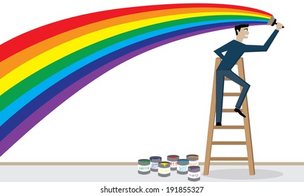 Man that paints a rainbow an a white wall.