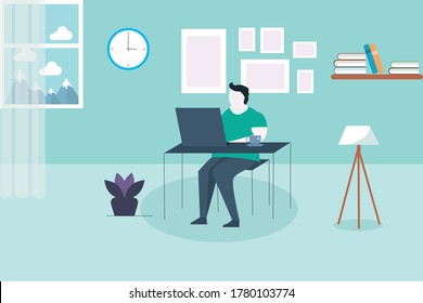 A Man that is working from home sends his work to clients or boss without being late.