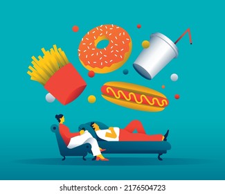 Man at a therapy session with a female psychiatrist, with junk food above them. Eating disorder concept. Male subject. Vector illustration