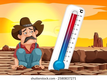 Man and thermometer in a dry desert scene