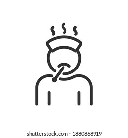 Man With A Thermometer In His Mouth And A Compress On His Forehead, High Fever, Linear Icon. Editable Stroke