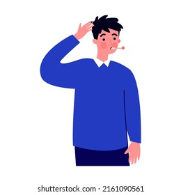 Man with a thermometer in his mouth flat vector illustration. Cartoon infographic person sneezing and coughing. Sad woman concept