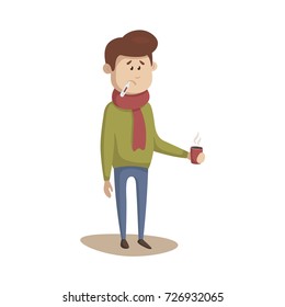 Man with thermometer in his mouth is sick with the flu, holds a hot Cup of drink. Vector illustration