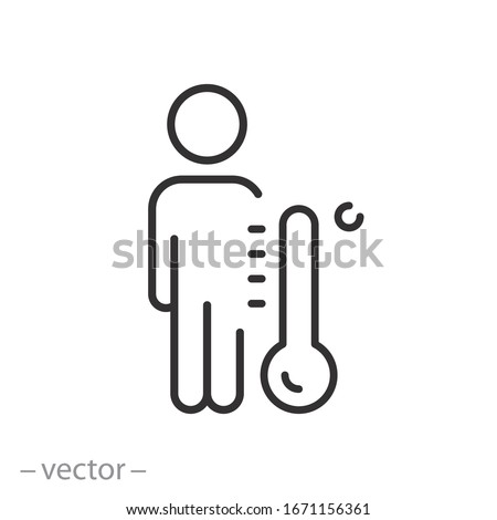 man with thermometer icon, body temperature measurement, thin line web symbol on white background - editable stroke vector illustration eps10