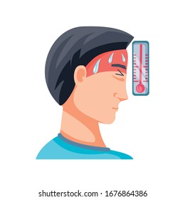 hombre con termómetro sobre el diseño de ilustración vectorial de fondo blanco