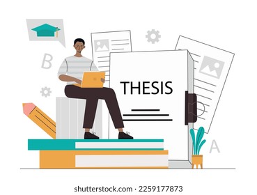 Man with thesis. Education, learning and training, man with diploma. Talented and hardworking student preparing for final examination. Poster or banner for website. Cartoon flat vector illustration