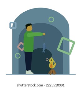 A man in a thick green sweater is grilling his caught fish over a simple bonfire