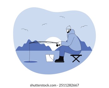 A man in a thick jacket fishing in winter, water, blue, semi outline style, vector illustration.