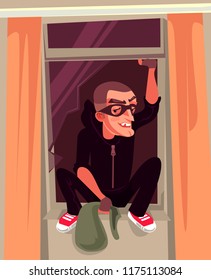 Man thief character climbs out window. Criminal vector cartoon illustration