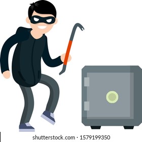 Man Thief with crowbar and Bank safe. Breaking and stealing money. Criminal problem. Male offender sneaks. Cartoon flat illustration. Guy robber in black with mask