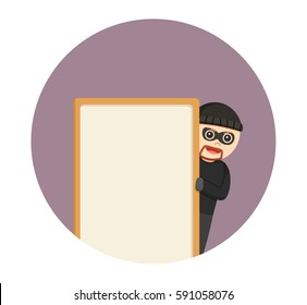 man thief hiding behind empty board in circle background