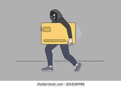 Man Thief In Mask Costume Steal Gold Credit Card. Internet Scammer Or Hacker Thieve Money Online. Scam And Corruption. Cyber Attack, Web Fraud, Bank Security Problem, Flat Vector Illustration. 