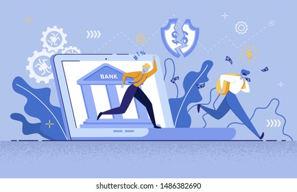 Man Thief In Mask Run, Steal Money Internet Bank Vector Illustration. Cyber Crime, Online Credit Card Robbery, Phishing, Password Theft, Virus Danger, Banking Breach, Fraud, Account Attack