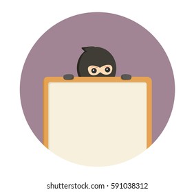 man thief peek from behind empty board in circle background