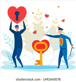 Man Thief, Robber Running Away with Stolen Flat Heart with Lock. Policewoman Protecting Cartoon Key. Valentines Day. Love and Relationship. Romantic Design Metaphor Poster. Vector Illustration
