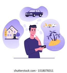 Man think about house, car and vaction on the sea. Male character dream about wealth. Flat vector illustration