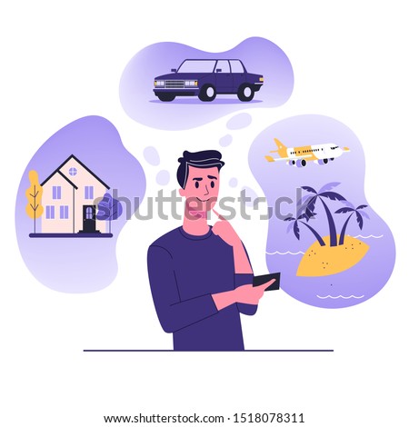 Man think about house, car and vaction on the sea. Male character dream about wealth. Flat vector illustration
