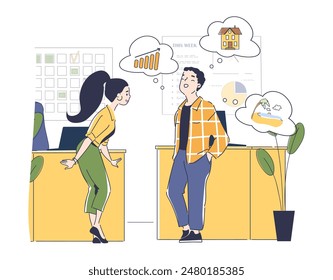 Man think about vacation concept. Woman talks with colleague. Worker an employee dream about sand beach in tropical and exotic country. Linear flat vector illustration isolated on white background