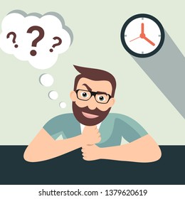 Man in Think and Ask to Prepare Ideas or short cuts Flat Design - Ilustration - Background