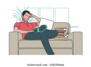 a man think sit work with laptop in a sofa full stack of books hand drawn style vector design