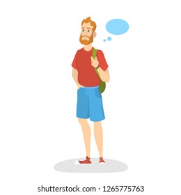 Man think using speech bubble. Male character standing in casual clothes and speak. Isolated vector illustration in cartoon style