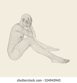 Man in a Thinker Pose. 3D Model of Man. Geometric Design. Human Body Wire Model. Business, Science, Psychology or Philosophy Vector Illustration. 