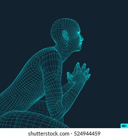 Man in a Thinker Pose. 3D Model of Man. Geometric Design. Human Body Wire Model. Business, Science, Psychology or Philosophy Vector Illustration. 