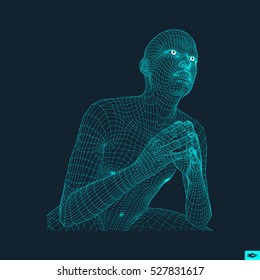 Man in a Thinker Pose. 3D Model of Man. Geometric Design. Human Body Wire Model. Business, Science, Psychology or Philosophy Vector Illustration.