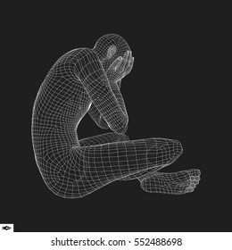 Man in a Thinker Pose. 3D Model of Man. Geometric Design. Human Body Wire Model. Business, Science, Psychology or Philosophy Vector Illustration.