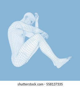 Man in a Thinker Pose. 3D Model of Man. Geometric Design. Human Body Wire Model. Business, Science, Psychology or Philosophy Vector Illustration. 