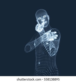 Man in a Thinker Pose. 3D Model of Man. Geometric Design. Business, Science, Psychology or Philosophy Vector Illustration.