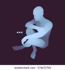 Homem em uma postura pensante. Modelo 3D do Homem. Negócios, Ciência, Psicologia ou Filosofia Ilustração Vetor.  