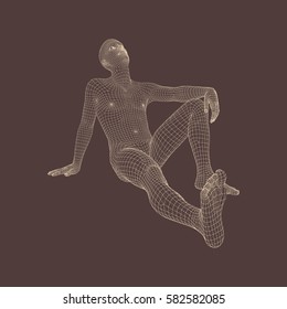 Man in a Thinker Pose. 3D Model of Man. Geometric Design. Human Body Wire Model. Business, Science, Psychology or Philosophy Vector Illustration.